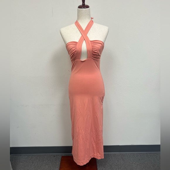 Bardot Orange Peach Stretch Halter Midi Slit Dress Guilia Size Small - Picture 3 of 12